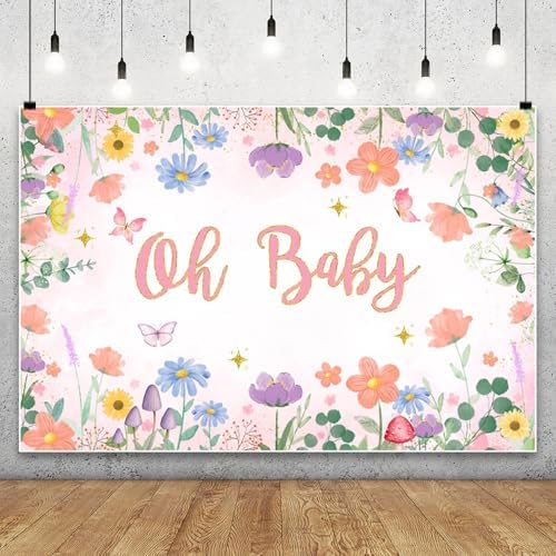 10x8FT Baby Shower Backdrop Oh Baby Sign Spring Flower Butterfly Mushroom Background for Boys Girls Kids Gender Reveal Party Decorations Family Photo Booth Props - Image 5