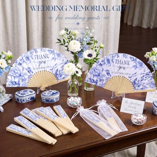 Wenqik 100Set Blue Floral Handheld Folding Fans,Wedding Paper Fan for Guest - Image 3