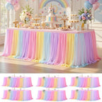 Wish Care 6 Pack Rainbow Tulle Tablecloth for 8 Foot Rectangle Tables Double Layer Tulle Tutu Skirt Unicorn Ruffle Pastel Table Cloth Stretch Fitted Table Covers for Girls Birthday Baby Shower Party by WishCare