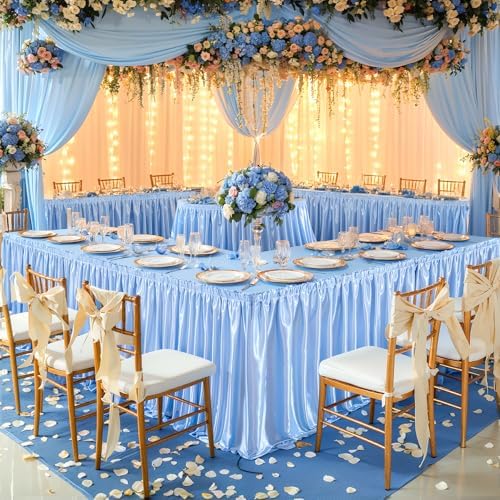 14ft Length Blue Satin Table Skirt Rectangle Tables-Wrinkle Resistant Ruffle Table Skirting Glitter Desk Cover Skirt for Baby Shower Birthday Party Ocean Shark Gender Reveal Cake Table Decorations - Image 3