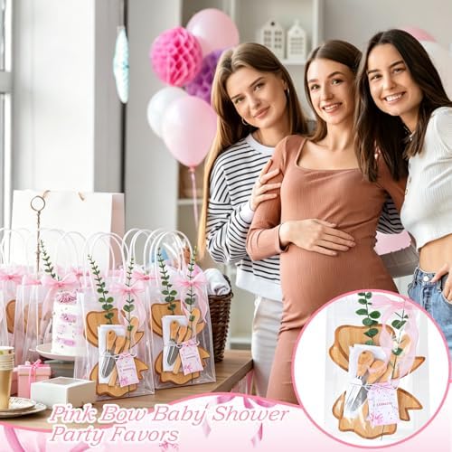 56 Pcs Pink Bow Baby Shower Prizes for Game Winners 6 Sets Bamboo Cheese Board Spoon Fork Butter Spreaders Plaid Towel Thank You Card and Gift Bags for Coquette Pink Bow Baby Shower Favors - Image 6