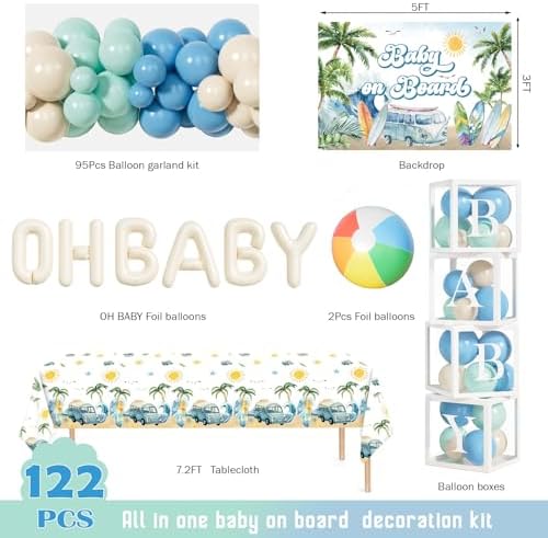 Party Inspo Baby on Board Baby Shower Decorations - 122Pcs Surf Theme Party Supplies for Boys with Backdrop, Tablecloth, Balloon Boxes and Ocean Blue Garland Kit - Image 2