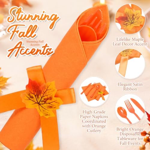 30 Set Thanksgiving Pre Rolled Silverware Fall Disposable Cutlery - Image 3