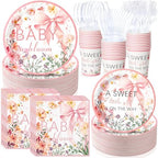 FillTouch 350 Pcs Baby in Bloom Baby Shower Party Plates Napkins a Sweet Is on The Way Paper Cups with Clear Knives Fork Spoon for Pink Bow Flower Disposable Birthday Tableware for 50 Guests by FillTouch
