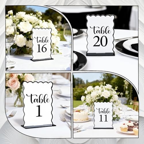 Black and White Wave Acrylic Table Number 1-20 with 20Pcs Stands, 5"x7" Table Centerpiece Decor for Indoor Outdoor Birthday Baby Shower Wedding Bridal Shower Anniversary Party Reception - Image 2