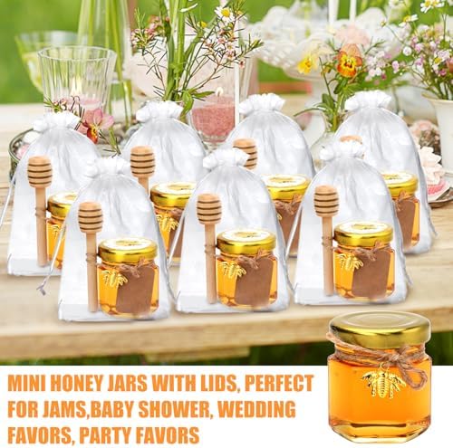 XING-RUIYANG 60 pack 1.5 oz Mini Honey Jars，baby shower favors,There's honey sticks, bee pendants, stickers and gold goodie bags，Suitable for wedding party gifts - Image 5
