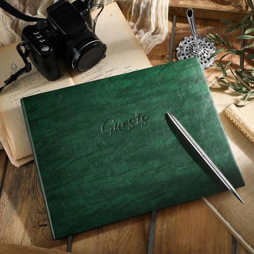 Geyee Leather Guest Book and Pen Stand Set, 10.5" x 8", Green - Image 5