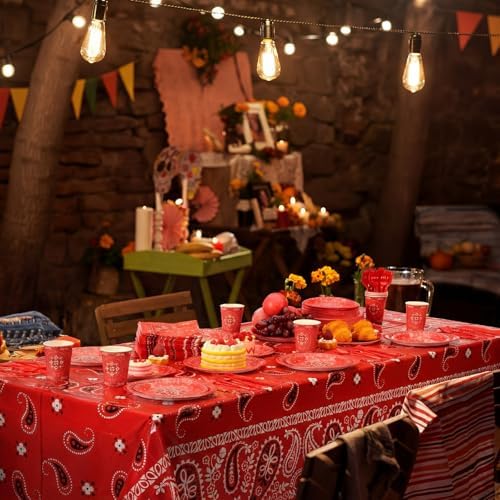Funnymoom 452 Pcs Red Bandana Western Party Decorations for 50 Guests, Red Bandana Paper Plates Cups Napkins Tablecloth Cutlery Straws for Cowboy Cowgirl Farm Baby Shower Birthday Party Supplies - Image 5