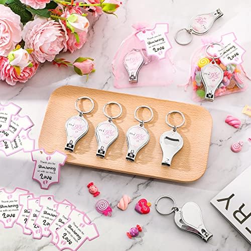 Wesiti 36 Sets Baby Shower Favor for Guests Girl Keychain with Nail Clipper and Bottle Opener Thank You Tag Card Organza Bag - Image 4
