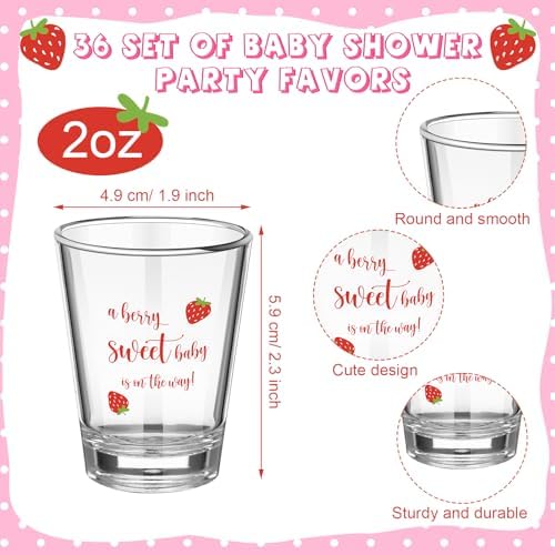 Roshtia 36 Set Strawberry Baby Shower Favors for Guests Clear Acrylic Shot Glasses Thank You Tags Keychains Organza Bags Strawberry Party Supplies for Girl Gender Reveal Favor - Image 2