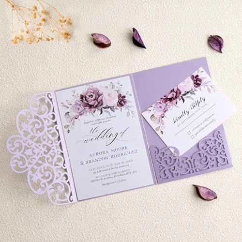 50 pcs Purple Wedding Invitations 5×7 Personalized Invitation with Envelope by HomeKitchen