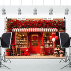 15x10ft Valentines Day Photography Backdrop Red Rose Bakery Storefront Background with Heart Balloons Bear Bicycle Cake Shop Brick Wall Floral Decor for Portrait Photo Booth Party Decoration - Image 5