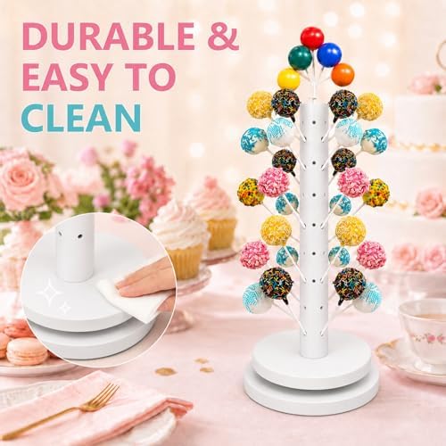 2Pack Wooden Cake Pop Stand Kit with 360° Spinning Base, 49Hole Lollipop Holder with Cake Ball Scoop, 100 Paper Sticks, 100 Clear Treat Bags and 100 Twist Ties, Easy Twist Assembly for Parties - Image 5