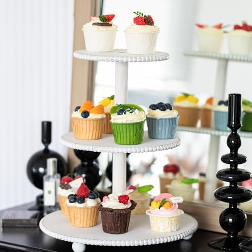 3-Tiered Cupcake Stand, White Wooden Beaded Cupcake Tower for Home Decoration, Farmhouse Cake Stand 3-Tiered Tray for Display Birthday Wedding Baby Shower Tea Party Decor - Image 4