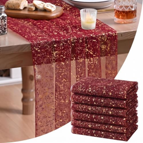 Artoid Mode 6PC Burgundy Gold Gauze Table Runner 120 Inch 10FT, Glitter Metallic Foil Sheer Dining Wedding Anniversary Holiday Birthday Table Decor for Home Party by ArtoidMode