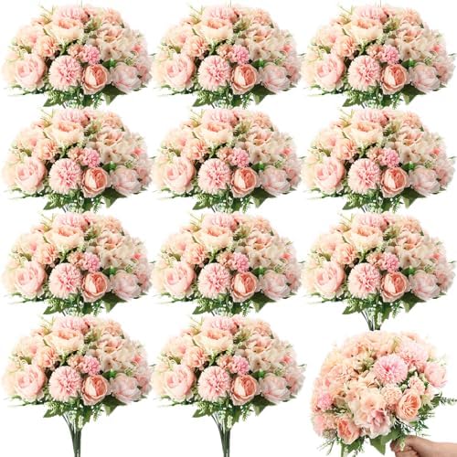 Tigeen 24 Bundles Artificial Flowers Bouquet Silk Peonies, Pink by Tigeen