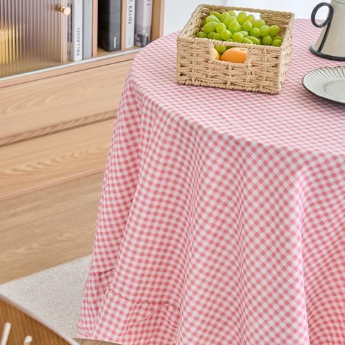 vctops Farmhouse Pink Plaid Ruffle Table Cloth, Boho Cotton Linen Tablecloth, Washable Table Cover for Round Table Baby Shower Kitchen Party Wedding Decor (Pink,70") - Image 5