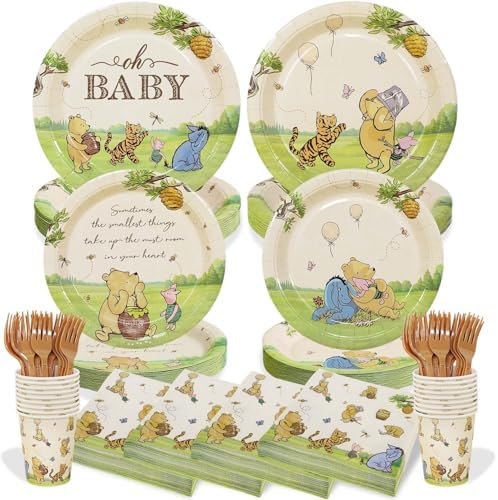 300Pcs Classic Winnie Bear Baby Shower Decorations Plates Set for 50 Guests by Lopeastar