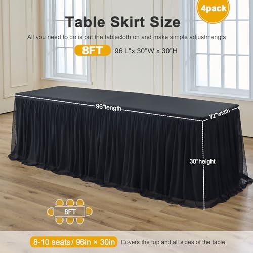 familus Black Table Cloths 8 Foot Rectangle 4 Pack Stretch Ruffle Tulle Tablecloth Spandex Fitted Table Cover for 8 Foot Tulle Table Skirts for Party Wedding Table Cloths, Banquets - Image 3
