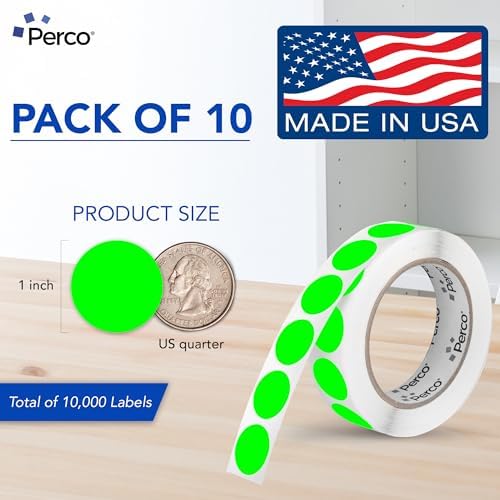 Perco Neon Green Perforated Round Circle Dot Sticker 1-Inch Labels — 10 Rolls, 10,000 Stickers - in Stock, Approved & Available Labels, High Visibility, Strong Adhesive—Made in USA - Image 2