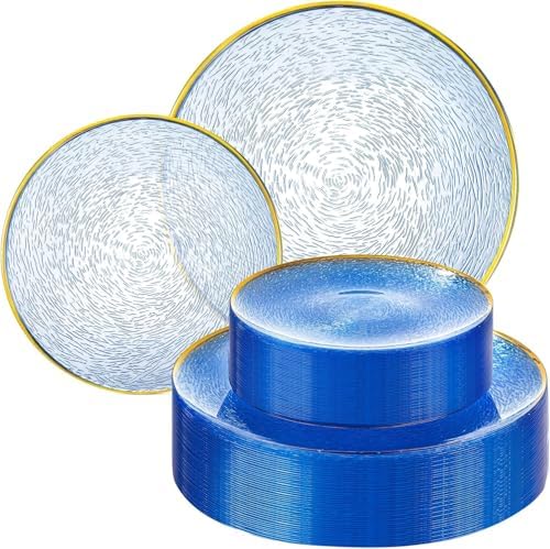 Liacere 60Pcs Blue Plastic Plates - Blue Disposable Plates With Gold Rim, Heavy-duty Gold Plates,Water ripples Party Plates Include 30 Dessert-Platos,30 Dinner-Platos for Party ＆ Wedding & Summer by Liacere