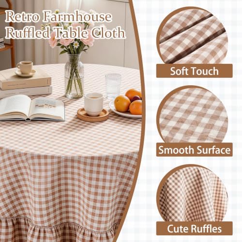 Khaki Plaid Ruffled Tablecloth 70" Round Farmhouse Checkered Gingham Table Cloth for Seat 4-6 Vintage Buffalo Plaid Decorative Table Cover for Picnic Dining Outdoor Kitchen - Image 5