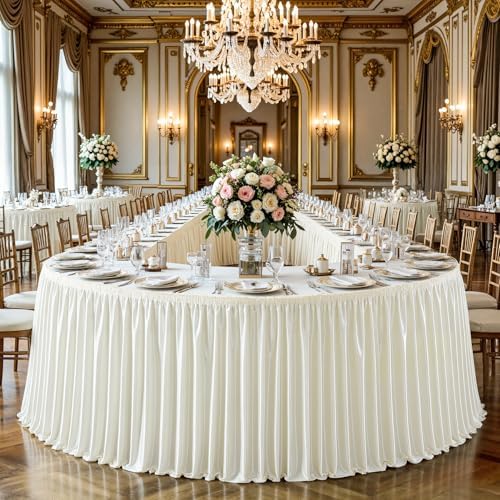 21ft Length Satin Ivory Table Skirt Rectangle Tables, Wrinkle Resistant Ruffle Table Skirting Glitter Teacher Desk Cover Skirt for Dorm Office Birthday Party Wedding Buffet Displays Trade Shows - Image 2