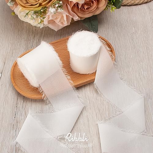 Ribbli White Chiffon Ribbon 2 Inch x 20 Yard Handmade Fringe Chiffon Silk Ribbon White Ribbon for Gifts Wrapping, Wedding Invitations, Bridal Bouquets, Flower Arrangement (Pack of 2) - Image 2