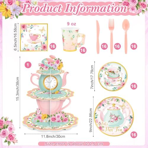 Zopeal 129 Pcs Disposable Tea Party Supplies Teapot Cupcake Stand Vintage Floral Cup Plate Napkin Princess Tea Party Decoration Tableware for 16 Guests Birthday Baby Shower Bridal Wedding Decoration - Image 2