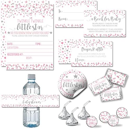 Amanda Creation Twinkle Twinkle Little Star Baby Shower Bundle, 20 Invitations with Envelopes, Diaper Raffle and Book Cards, Stickers, Candy Wrappers and Water Labels by AmandaCreation