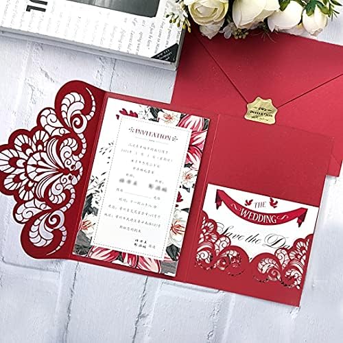 NC 50 Sets Red Laser Hollow Tri-fold Luxury Invitation Card for Wedding Invitation Holiday Dinner Party Invite Card (Red, Whole set) by NCHomeProducts