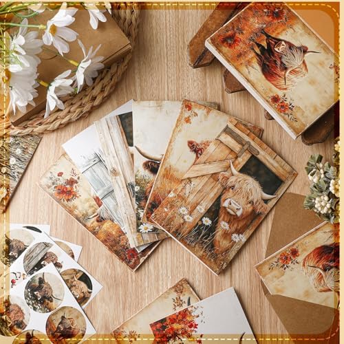 Motiskyy 72 Pack Vinatge Highland Cow Greeting Cards Bulk with 72 Pack Retro Rustic Envelopes 72 Pcs Farmhouse Stickers, 4 x 6 Inch Blank Inside Postcards for Baby Shower DIY Card Paper Gift - Image 3