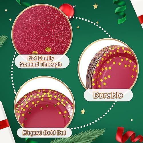 Tegeme 256 Pcs Maroon and Gold Dot Party Supplies Serve 36 Guest Burgundy Red Paper Plates Napkin Tablecloth Disposable Dinnerware Plastic Fork Knives Cup for Birthday Baby Shower Wedding Decoration - Image 2
