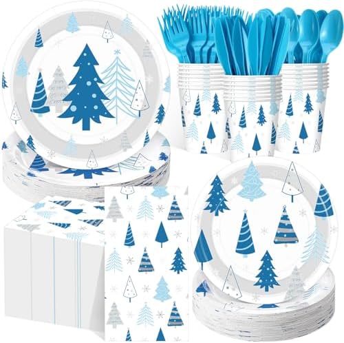 Pickmesh 400 Pcs Winter Party Supplies Blue Silver Paper Plates Serve 50 by Pickmesh