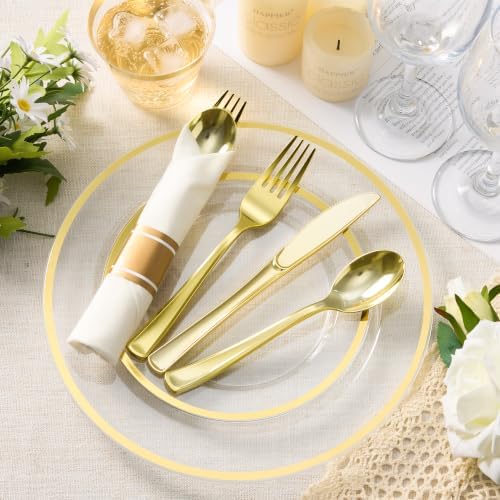 BESTSTAR 350PCS Clear and Gold Disposable Plastic Plates Set for 50 Guests - Image 6