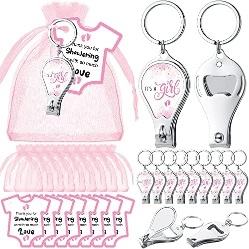 Wesiti 36 Sets Baby Shower Favor for Guests Girl Keychain with Nail Clipper and Bottle Opener Thank You Tag Card Organza Bag by Unteilti
