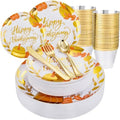 KIRE 150PCS Thanksgiving Plates Dinnerware Pumpkins - Plastic Thanksgiving Plates with Gold Silverware Include 25 for Dinner 25 for Salad 25Forks 25Knives 25Spoons 25Gold Cups by KIRE