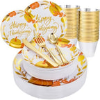 KIRE 150PCS Thanksgiving Plates Dinnerware Pumpkins - Plastic Thanksgiving Plates with Gold Silverware Include 25 for Dinner 25 for Salad 25Forks 25Knives 25Spoons 25Gold Cups by KIRE
