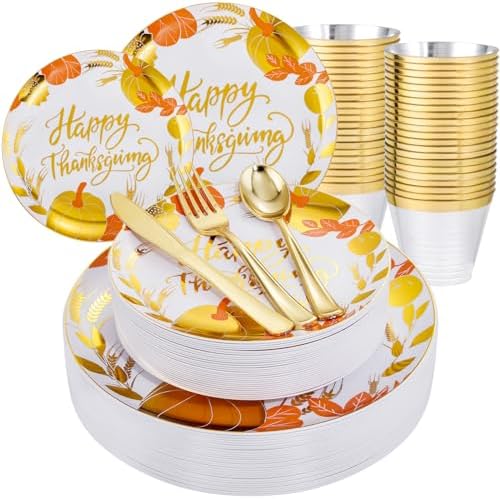 KIRE 150PCS Thanksgiving Plates Dinnerware Pumpkins - Plastic Thanksgiving Plates with Gold Silverware Include 25 for Dinner 25 for Salad 25Forks 25Knives 25Spoons 25Gold Cups by KIRE