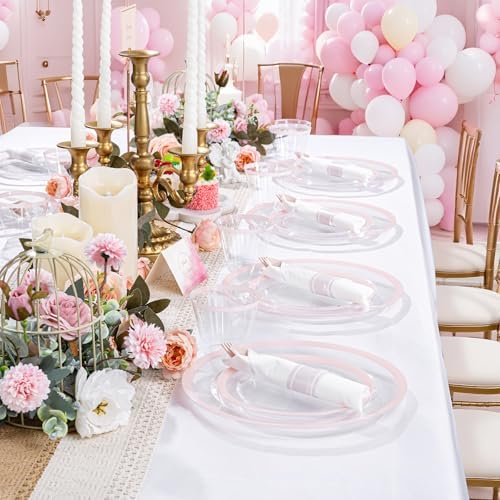 I00000 350 Pcs Clear and Pink Plastic Plates Dinnerware Set for 50 Guests - Image 5