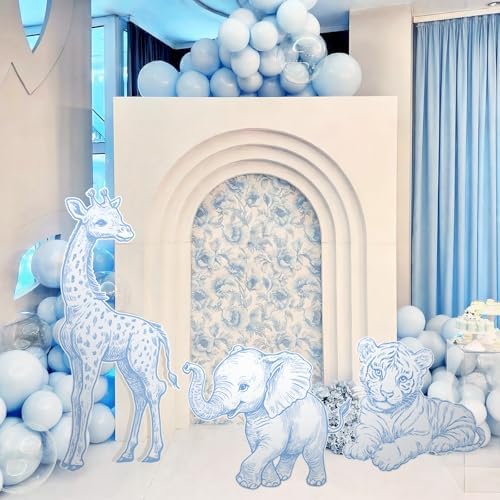 Eaasty 3 Pcs Blue Toile De Jouy Baby Shower Decor, Safari Animal Cutouts - Image 2