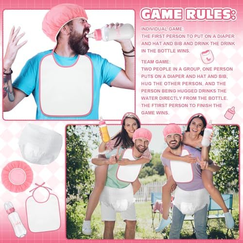 6 Sets Bottle Chug Baby Shower Games Juegos Para Plastic Baby Bottles Bibs Hat Disposable Diapers Gender Reveal Games Baby Changing Diaper Race Game Decoration (Pink) - Image 5
