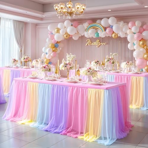 Wish Care 4 Pack Rainbow Tulle Tablecloth for 8 Foot Rectangle Tables Double Layer Tulle Tutu Skirt Unicorn Ruffle Pastel Table Cloth Stretch Fitted Table Covers for Girls Birthday Baby Shower Party - Image 3