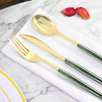 Supernal 180pcs Gold and Green Plastic Silverware Extra Heavy Duty Gold Plastic Cutlery with Green Glitter Handle Disposable Flatware for Parties, Weddings, and Outdoor Events - Image 4