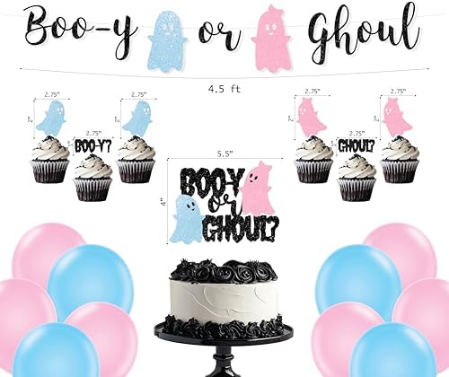 Halloween Baby Shower Decorations - Boo-y or Ghoul Ghost Gender Reveal Banner, Boy or Girl Cake Topper, Cupcake Toppers, Halloween Gender Reveal Decorations - Image 3