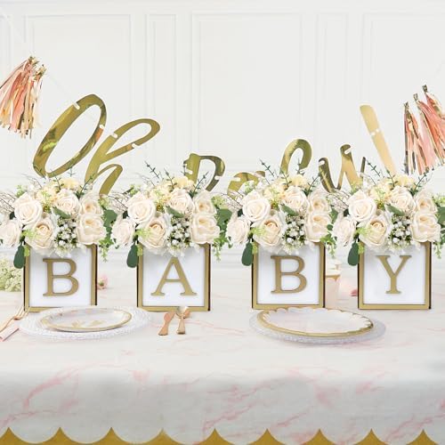 8 Set Baby Shower Centerpieces for Tables - 6 inch Wooden Boxes with Baby Letters Rustic Cube Planter Wood Blocks for Gender Reveal Party Favor (Gold) - Image 6
