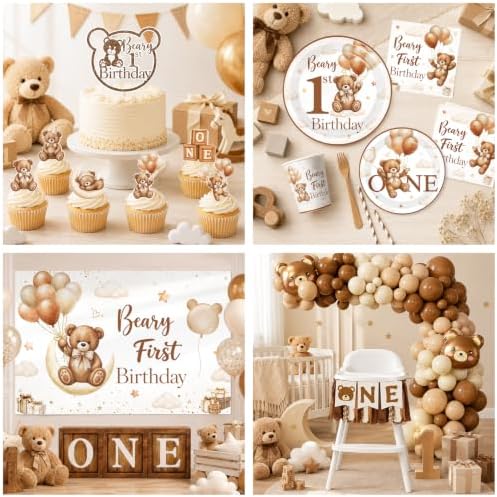 Beary First Birthday Decorations,Teddy Bear Birthday Decorations Set for First Birthday Theme Boy With Backdrop, Balloons, One High Chair Banner,Plates,Napkins,Cake Toppers,272pcs - Image 5