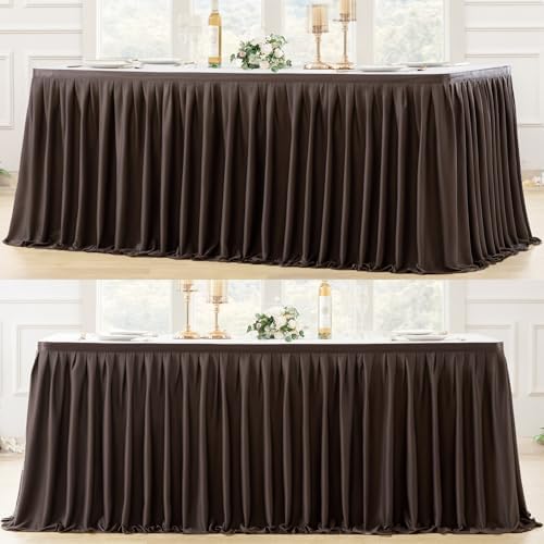 Partisky Chocolate Brown Polyester Table Skirt for Rectangle Tables 14ft, Wrinkle Resistant Pleated Ruffle Table Cloth for Banquet Wedding Trade Baby Shower Display Gift Dining Table by Partisky