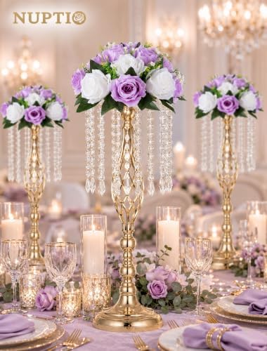 NUPTIO Flower Wedding Centrepieces for Tables - 10 Pcs 9.5in Diameter Lilac & White Artificial Flowers Rose Ball for Centerpieces Table - Fake Rose Arrangements for Weddings Birthday Party Decor - Image 2