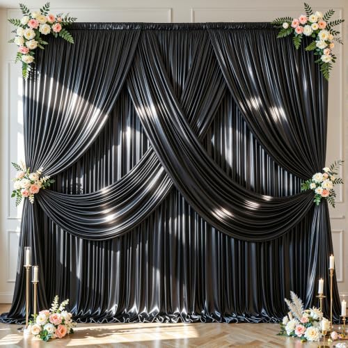 Black Satin Backdrop Curtains 4 Panels - Glitter Photo Drapes for Baby Shower, 20x10FT Shimmer Back Drop Cloth, Wrinkle Free for Birthday Party Prom Wedding Photoshoot Background by WishCare